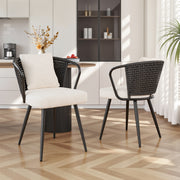 Hawsaiy Rattan Dining Chairs Set of 2, Upholstered Cane Back Kitchen Chairs with Metal Legs & Throw Pillow, Mid Century Modern Farmhouse Dining Room Chairs