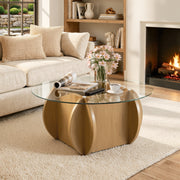 Hawsaiy Round Glass Coffee Table with Tempered Glass Top and Wood Base, Modern 30