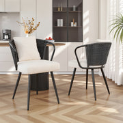 Hawsaiy Rattan Dining Chairs Set of 2, Upholstered Cane Back Kitchen Chairs with Metal Legs & Throw Pillow, Mid Century Modern Farmhouse Dining Room Chairs