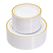 Hawsaiy 100/200PCS Disposable Plastic Plates Set, White Plates with Gold Rim, 7 Inch & 10 Inch Party Dinner Plates, BPA Free, Food Grade, Heavy Duty, Reusable
