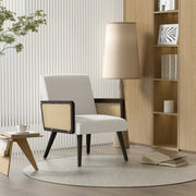 Hawsaiy Rattan Accent Chair, Linen Fabric Upholstered Armchair with Wood Legs, Mid Century Modern Reading Comfy Lounge Chair with Spring Support, for Living Room Bedroom