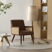 Hawsaiy Rattan Accent Chair, Linen Fabric Upholstered Armchair with Wood Legs, Mid Century Modern Reading Comfy Lounge Chair with Spring Support, for Living Room Bedroom