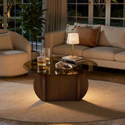 Hawsaiy Round Glass Coffee Table with Tempered Glass Top and Wood Base, Modern 30