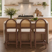 Hawsaiy Farmhouse Rattan Counter Height Bar Stools Set of 2/3/4/6, Chenille Upholstered Kitchen Island Chairs with Solid Wood Frame