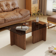 Hawsaiy Modern Glass Coffee Table with Wooden Base, Stylish End Table for Living Room & Office, Natural(23.6