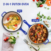 Hawsaiy Enameled Cast Iron Skillets, 2-in-1 Cast Iron Dutch Oven Pot with Lid Set, 3QT Dutch Oven + 1.5QT Skillet for Frying, Baking, Stewing, Grilling