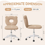 Nalupatio Bear Kids Desk Chair with Wheels& Back, Adjustable Armless Child Study Chair, Cute Teddy Fabric Office Chair, Vanity Makeup Chair for Girl & Lady in Bedroom Reading Living Room,Beige
