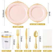 Hawsaiy 350PCS Gold Disposable Dinnerware Set for 50 Guests, Lace Design Plastic Plate Sets, Gold Silverware, Cups & Napkins – Party Supplies for Weddings, Birthdays, Holidays