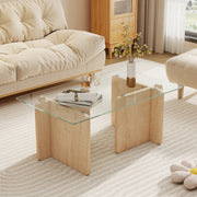 Hawsaiy Modern Glass Coffee Table with Wooden Base, Stylish End Table for Living Room & Office, Natural(23.6