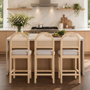 Hawsaiy Farmhouse Rattan Counter Height Bar Stools Set of 2/3/4/6, Chenille Upholstered Kitchen Island Chairs with Solid Wood Frame