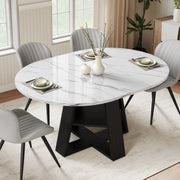 Hawsaiy Extendable Round to Oval Dining Table Set for 4–6, Space-Saving Wooden Table with Hidden Storage, Expandable Dining Table with Upholstered Chairs
