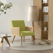 Hawsaiy Rattan Accent Chair, Linen Fabric Upholstered Armchair with Wood Legs, Mid Century Modern Reading Comfy Lounge Chair with Spring Support, for Living Room Bedroom