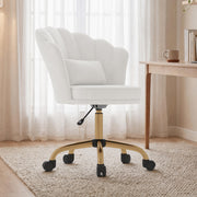 Hawsaiy Shell Back Home Office Chair with Lumbar Pillow, Modern Upholstered Desk Chair with Gold Metal Base, Swivel Adjustable Computer Chair for Home Office