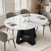 Hawsaiy Extendable Round to Oval Dining Table Set for 4, Space-Saving Wooden Table with Hidden Storage, Expandable Dining Table with Faux Leather Chairs