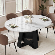 Hawsaiy Extendable Round to Oval Dining Table Set for 4, Space-Saving Wooden Table with Hidden Storage, Expandable Dining Table with Faux Leather Chairs