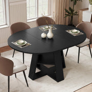 Hawsaiy Extendable Round to Oval Dining Table Set for 4, Space-Saving Wooden Table with Hidden Storage, Expandable Dining Table with Faux Leather Chairs