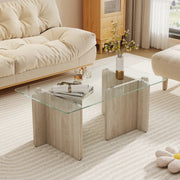 Hawsaiy Modern Glass Coffee Table with Wooden Base, Stylish End Table for Living Room & Office, Natural(23.6