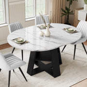 Hawsaiy Extendable Round to Oval Dining Table Set for 4–6, Space-Saving Wooden Table with Hidden Storage, Expandable Dining Table with Upholstered Chairs
