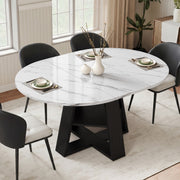 Hawsaiy Extendable Round to Oval Dining Table Set for 4, Space-Saving Wooden Table with Hidden Storage, Expandable Dining Table with Faux Leather Chairs