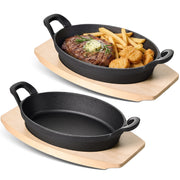 Hawsaiy 2/4 Pcs Cast Iron Grill Pan with Wooden Tray, Oval Sizzling Plate with Binaural Handles, Non-Stick & Heat Resistant Skillet for Steak, Fish & Vegetables