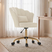 Hawsaiy Shell Back Home Office Chair with Lumbar Pillow, Modern Upholstered Desk Chair with Gold Metal Base, Swivel Adjustable Computer Chair for Home Office