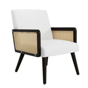 Hawsaiy Rattan Accent Chair, Linen Fabric Upholstered Armchair with Wood Legs, Mid Century Modern Reading Comfy Lounge Chair with Spring Support, for Living Room Bedroom