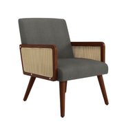 Hawsaiy Rattan Accent Chair, Linen Fabric Upholstered Armchair with Wood Legs, Mid Century Modern Reading Comfy Lounge Chair with Spring Support, for Living Room Bedroom