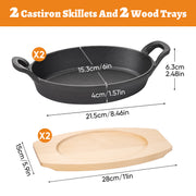 Hawsaiy 2/4 Pcs Cast Iron Grill Pan with Wooden Tray, Oval Sizzling Plate with Binaural Handles, Non-Stick & Heat Resistant Skillet for Steak, Fish & Vegetables