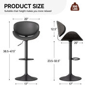 Nalupatio Swivel Bar Stools Set of 2, PU Leather Upholstered Bentwood Barstools with Back & Footrest,Seat Adjustable Height 23.5-32.5IN Counter Height Bar Chairs for Bar Kitchen Dining Room,Black
