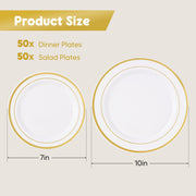 Hawsaiy 100/200PCS Disposable Plastic Plates Set, White Plates with Gold Rim, 7 Inch & 10 Inch Party Dinner Plates, BPA Free, Food Grade, Heavy Duty, Reusable