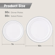 Hawsaiy 100/200PCS Disposable Plastic Plates Set, White Plates with Gold Rim, 7 Inch & 10 Inch Party Dinner Plates, BPA Free, Food Grade, Heavy Duty, Reusable