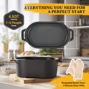 Hawsaiy 4.5QT Oval Cast Iron Dutch Oven with Skillet Lid, Plant Oil Coating, Nonstick Bread Baking Pot with Silicone & Cotton Oven Mitts, 2-in-1 Casserole for Baking, Stewing & Frying