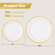 Hawsaiy 100/200PCS Disposable Plastic Plates Set, White Plates with Gold Rim, 7 Inch & 10 Inch Party Dinner Plates, BPA Free, Food Grade, Heavy Duty, Reusable
