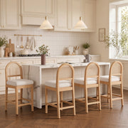Hawsaiy Farmhouse Rattan Counter Height Bar Stools Set of 2/3/4/6, Chenille Upholstered Kitchen Island Chairs with Solid Wood Frame
