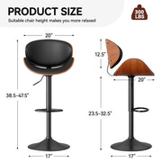 Nalupatio Swivel Bar Stools Set of 2, PU Leather Upholstered Bentwood Barstools with Back & Footrest,Seat Adjustable Height 23.5-32.5IN Counter Height Bar Chairs for Bar Kitchen Dining Room,Black