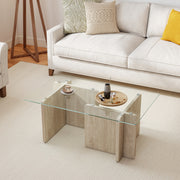 Hawsaiy Modern Glass Coffee Table with Wooden Base, Stylish End Table for Living Room & Office, Natural(23.6