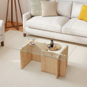 Hawsaiy Modern Glass Coffee Table with Wooden Base, Stylish End Table for Living Room & Office, Natural(23.6