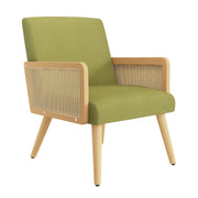 Hawsaiy Rattan Accent Chair, Linen Fabric Upholstered Armchair with Wood Legs, Mid Century Modern Reading Comfy Lounge Chair with Spring Support, for Living Room Bedroom