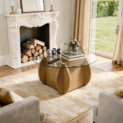 Hawsaiy Round Glass Coffee Table with Tempered Glass Top and Wood Base, Modern 30