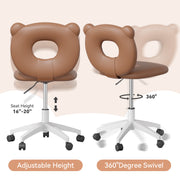 Hawsaiy Bear Kids Desk Chair with Wheels& Back, Adjustable Armless Child Study Chair, Cute PU Leather Office Chair, Vanity Makeup Chair for Girl & Lady in Bedroom Reading Living Room,Umber