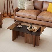 Hawsaiy Modern Glass Coffee Table with Wooden Base, Stylish End Table for Living Room & Office, Natural(23.6