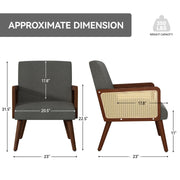 Hawsaiy Rattan Accent Chair, Linen Fabric Upholstered Armchair with Wood Legs, Mid Century Modern Reading Comfy Lounge Chair with Spring Support, for Living Room Bedroom