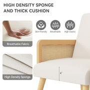 Nalupatio Rattan Accent Chair, Linen Fabric Upholstered Armchair with Wood Legs, Mid Century Modern Reading Comfy Lounge Chair with Spring Support, for Living Room Bedroom,Brown