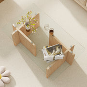 Hawsaiy Modern Glass Coffee Table with Wooden Base, Stylish End Table for Living Room & Office, Natural(23.6