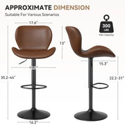 Nalupatio Swivel Bar Stools Set of 2,PU Leather Upholstered Barstools with Back & Footrest, Seat Adjustable Height 22.2-31IN Counter Height Bar Chairs for Bar Kitchen Island,Whiskey Brown