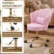 Hawsaiy Shell Back Home Office Chair with Lumbar Pillow, Modern Upholstered Desk Chair with Gold Metal Base, Swivel Adjustable Computer Chair for Home Office