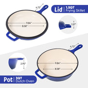 Kerilyn Enameled Cast Iron Skillets, 2-in-1 Cast Iron Dutch Oven Pot With Lid Set, 3QT Dutch Oven + 1.5QT Skillet For Frying, Baking, Stewing, Grilling, Indoor And Outdoor