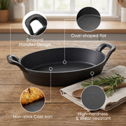 Hawsaiy 2/4 Pcs Cast Iron Grill Pan with Wooden Tray, Oval Sizzling Plate with Binaural Handles, Non-Stick & Heat Resistant Skillet for Steak, Fish & Vegetables