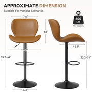 Nalupatio Swivel Bar Stools Set of 2,PU Leather Upholstered Barstools with Back & Footrest, Seat Adjustable Height 22.2-31IN Counter Height Bar Chairs for Bar Kitchen Island,Whiskey Brown