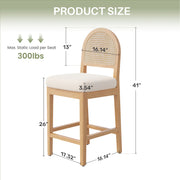 Hawsaiy Farmhouse Rattan Counter Height Bar Stools Set of 2/3/4/6, Chenille Upholstered Kitchen Island Chairs with Solid Wood Frame